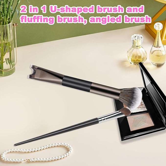 2PCS Nose Contour Brushes Set 2-In-1 U-Shaped Fluffy Angled Tilt Brush Set Dual Head Practical Makeup Tools for Precise Nose Sculpting Highlighting Defining Seamless Contouring for Makeup Artists