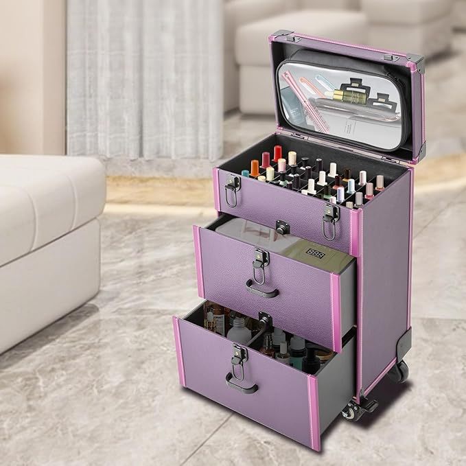 Makeup Train Case, Rolling Makeup Trolley Case, 3 Tiers Lockable Nail Polish Organizer with 2 Keys 4 Wheels (2 with Brakes) for Travel Makeup Artists Nail Technicians (Purple Case, Black Lock)