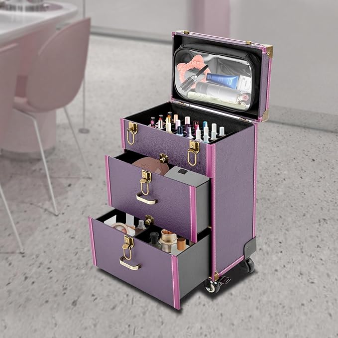 Makeup Train Case, Rolling Makeup Trolley Case, 3 Tiers Lockable Nail Polish Organizer with 2 Keys 4 Wheels (2 with Brakes) for Travel Makeup Artists Nail Technicians (Purple Case, Tan Lock)