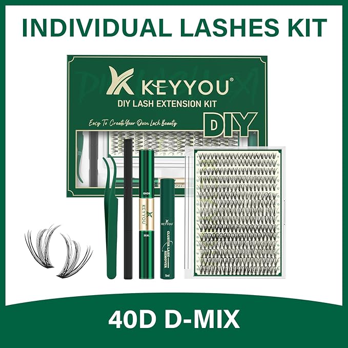 KEYYOU Lash Extension Kit DIY 300Pcs Lash Clusters Eyelash Extension Kit 30D D Curl 9-18MIX Lash Clusters Kit with Lash Glue Remover Applicator Easy to Use for Beginners(Kit,30D-D,9-18MIX)