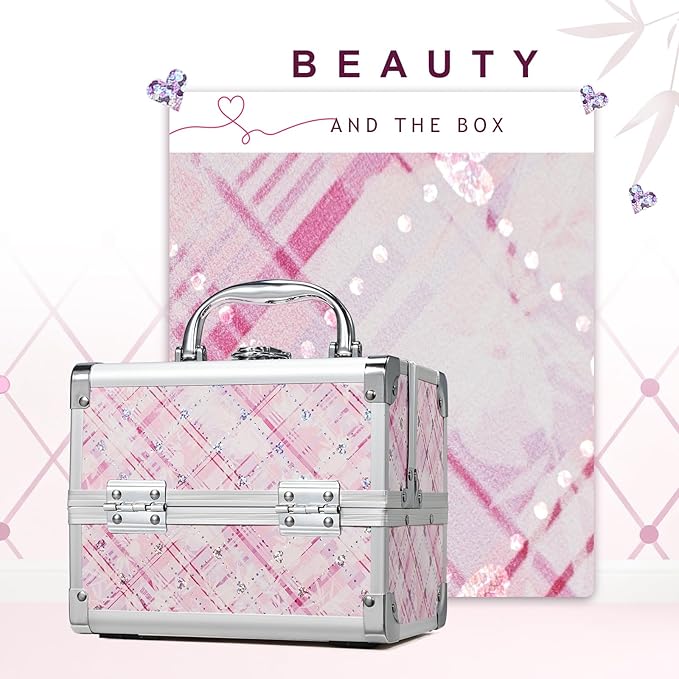 FRENESSA Makeup Train Case Portable Makeup Case Organizer Cosmetic Box Make Up Box Makeup Organizer Cases with Mirror Locking Nail Kit Organizer Travel Case Pink Plaid
