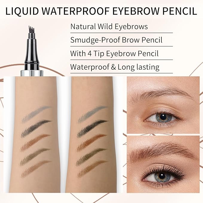 QIC Eyebrow 4 Tip Brow Pencil, Microblading Pen Waterproof Long-Lasting with Upgrade Micro-Fork Tip Applicator for Natural Brows (Gray-05)