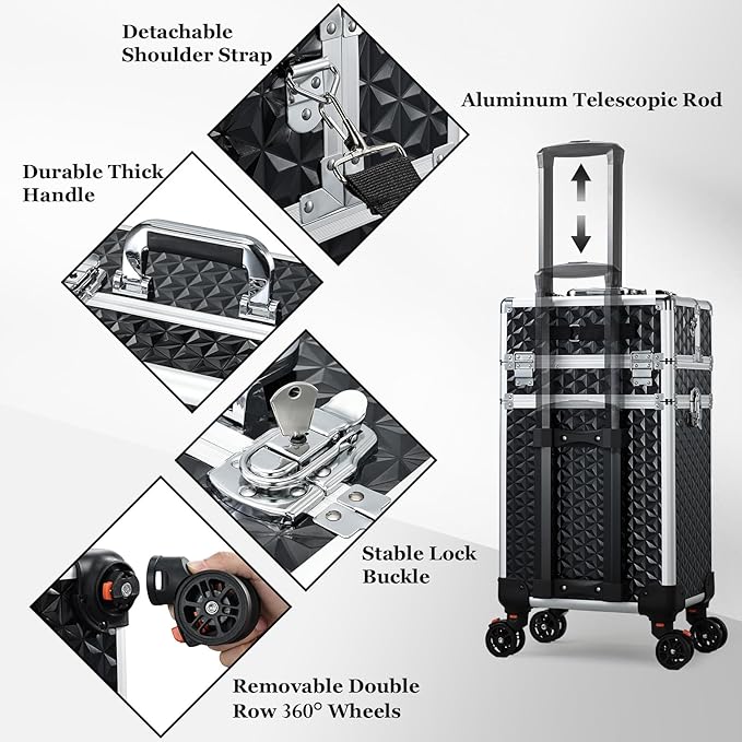 Joligrace Large Rolling Makeup Train Case with Foot-Brake Wheels, Removable Shoulder-Strap Makeup Carrying Case, Adjustable Compartments, Built-in Nail Polish Drawer, and Detachable Drawer
