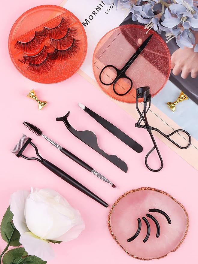 EBANKU 7pcs Eyelash Comb Brush Tools Eyebrow Brush Comb Eyelash Separator Tool Professional Eye Brow Spoolie Brushes for Makeup Grooming Eyelash Curler Silicone Refill Pads Tweezers Scissors