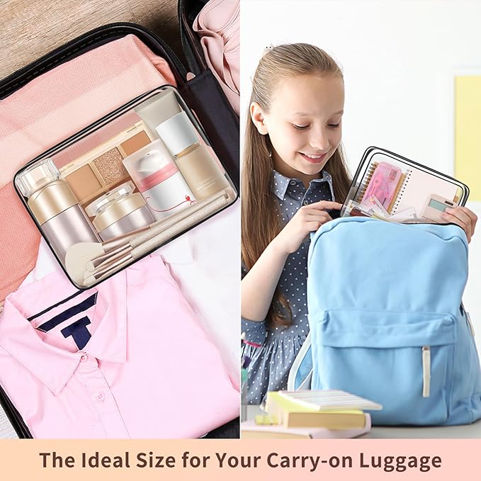 TISRATOK 12 PCS Clear Makeup Bag for Women with Zipper, TSA Approved Toiletry Pouch, Cosmetic Bag Bulk for Travel Organizer Essentials - Black,Large