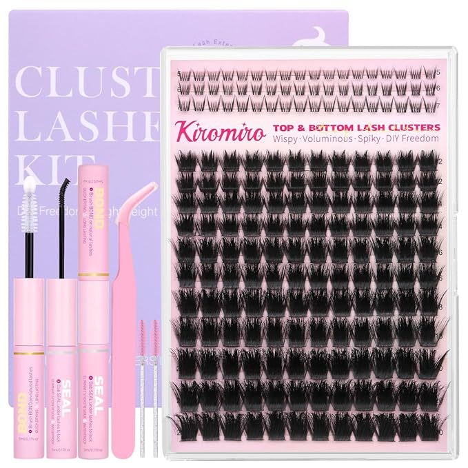 Kiromiro Lash Clusters Kit 12-20mm Thick Lash Extensions Kit Top & Bottom Eyelash Clusters Kit with Lashes Bond and Seal Fluffy Cluster Lashes with Spikes DIY Individual Eyelash Extensions