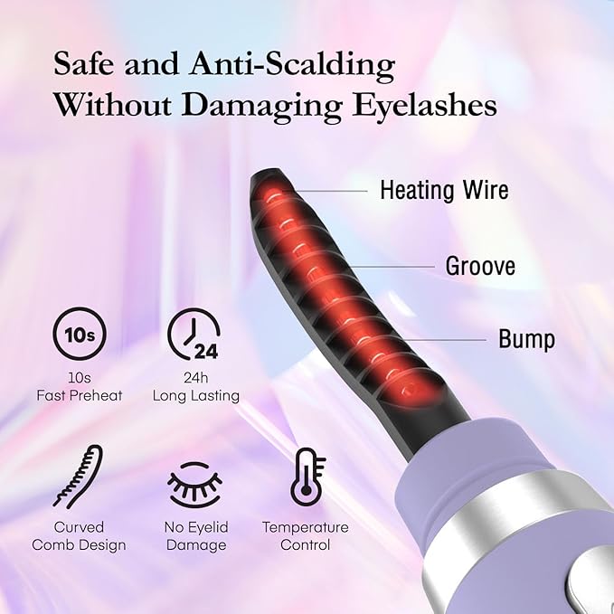 Heated Eyelash Curler with Comb, USB Rechargeable, 3 Temperature Settings, Quick‑Heat Electric Lash Wand for Long‑Lasting Curl, Travel‑Friendly, Purple