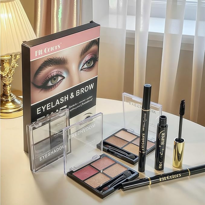 4-in-1 Eye Makeup Kit 4 Colors Eyeshadow Palette Black Liqiud Eyeliner with Stamp and Double-headed Brown Eyebrow Pencil Set for Women Beginners Gift (03)