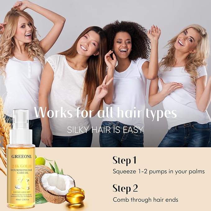 Hair Oil with Argan Oil, Coconut Oil, Olive Oil, Vitamin E for Nourish Hair, Smooth Frizz, Add Shine, Hair Treatment Oil for Women Men Frizzy Damaged Fine Curly Hair, Leave-in, 2Pack