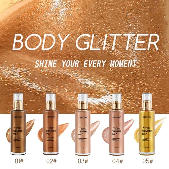 SAM SUGAR Shimmer Body Oil 3.38 Fl OZ Long Lasting Liquid Illuminator with Brush for Body Glow Illuminating Body Moisturizer 100ml Body & Face Highlighter for a Radiant Glow(02#)