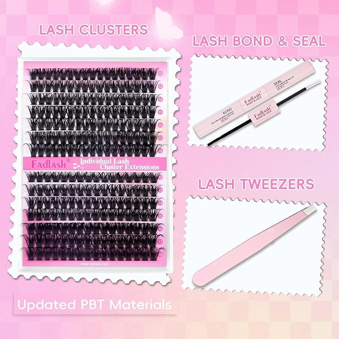 FADLASH Lash Extension DIY Kit Volume Fluffy Lash Clusters D Curl Cluster Lashes with Lash Bond and Seal Lash Tweezers for DIY Eyelash Extension at Home for Self Use(Kit 60D+80D-0.07D-12-18MIX)