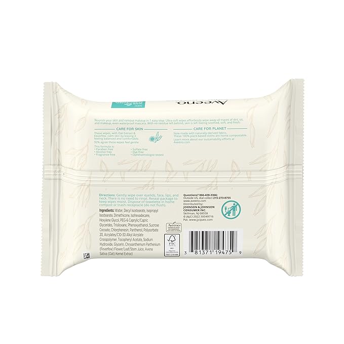 Aveeno Calm + Restore Unscented Makeup Remover Face Wipes, Fragrance Free Facial Cleansing Towelettes with Oat Extract & Calming Feverfew Leave Skin Feeling Soothed, Alcohol Free, 25 ct