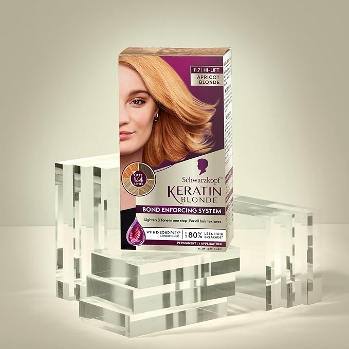 Schwarzkopf Keratin Blonde Hair Dye, 11.7 Apricot Blonde, Professional Quality Hi-Lift Permanent Hair Color, Bond Enforcing System Helps Prevent Breakage* Pre-Color Serum & Conditioner Included