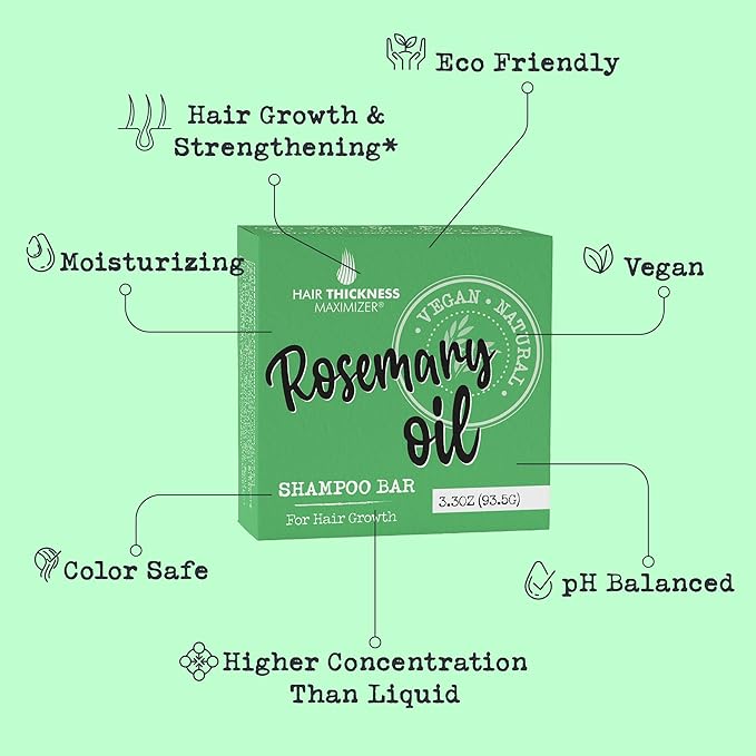 Rosemary Oil for Hair Growth Shampoo Bar. Eco-Friendly,No Harsh Chemicals, Color Safe, pH Balanced. Solid Shampoo Bar Equal To 3 Liquid Bottles. Zero Plastic, USA Made, Strengthening & Dry Hair Relief
