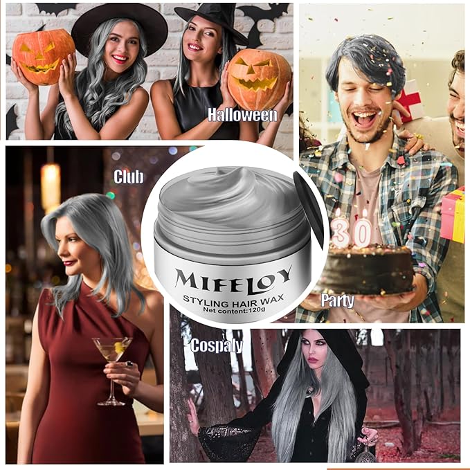 Silver Gray Temporary Hair Color Wax, Instant Natural Hairstyle Cream Dye, Grey Styling Pomadesfor Men Girls Women Youth, Disposable Coloring Mud for Party Cosplay DIY Halloween