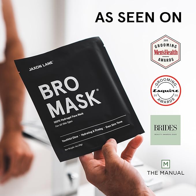 JAXON LANE BRO MASK Premium Korean Face Mask for Men (4 x 4 Pack) - Anti Aging Sheet Masks w/Hydrogel, Vitamin C, Hydrolyzed Collagen, & Hyaluronic Acid - Perfect Skin Care Stocking Stuffers for Men
