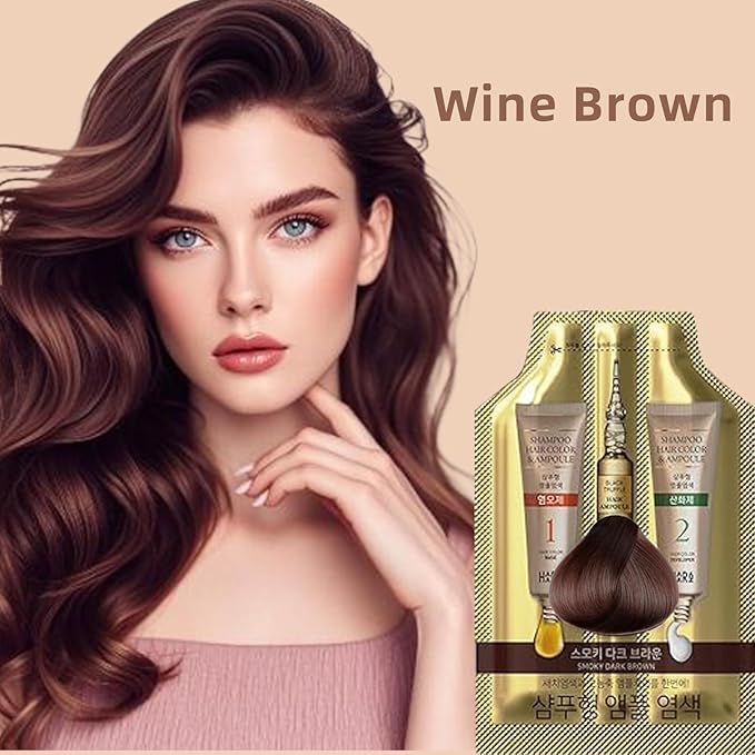 Instant Permanent Hair Color Dye Shampoo Ampoule - Paraben-Free, 5-Minute Easy and Fast Coloring, Gray Cover Hair Dye with Keratin & Collagen, Made in Korea (Wine Brown)