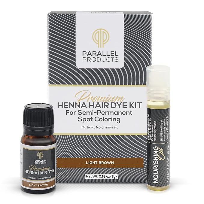 Parallel Products Spot Color Henna Kit - Henna Hair Dye - 5 Grams - Tint for Professional Spot Coloring - with Nourishing Oil, Mixing Dish and Application Brush - Root Touch Up (Light Brown)
