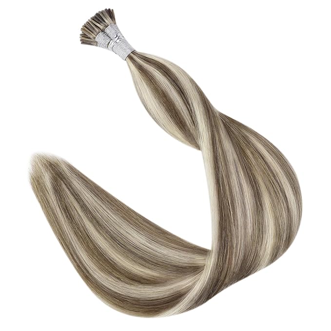 Full Shine I Tip Hair Extensions Human Hair 20 Inch Long Straight Itip Extensions Ash Brown Highlight Platinum Blonde Itip Human Hair Extensions 40 Grams add Length