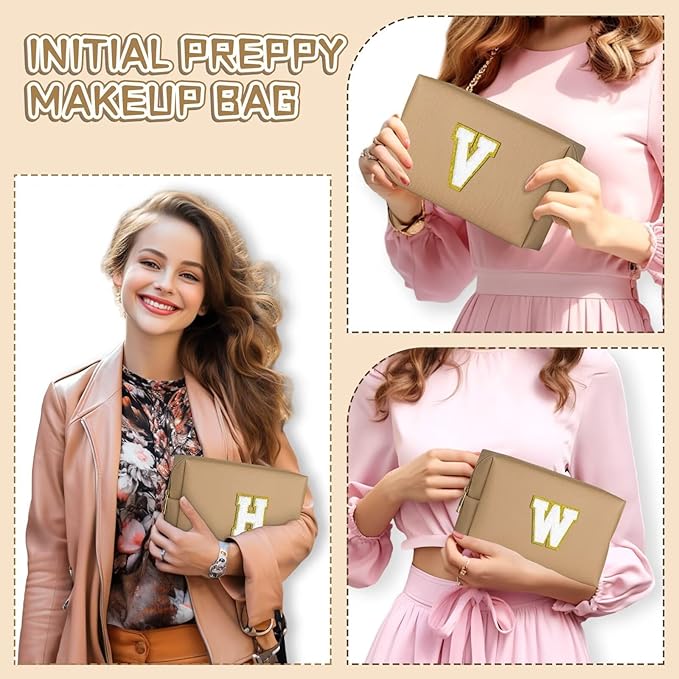 TOPEAST Preppy Bag, Monogrammed Makeup Bags with Zipper, Cute Makeup Pouch, Initial Birthday Gifts Bag for Daughter Friends Sister, Preppy Things for Girls (Khaki H)