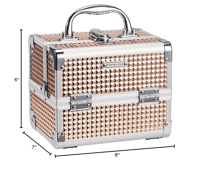 FRENESSA Makeup Case Train Case Portable Makeup Box with Mirror Lock Box Travel Cosmetic Train Cases Hard Makeup Organizer for Nail Craft Storage Vanity Rose Gold