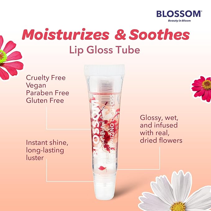 Blossom Scented Moisturizing Lip Gloss Tubes, Infused with Real Flowers, 0.9 fl. oz/27ml, 3 pack Holiday Full Size Gift Set, Candy Cane, Sugar Cookie, Marshmallow