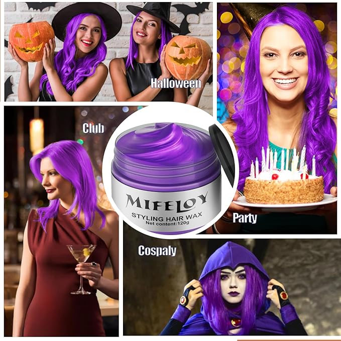 Purple Temporary Hair Color Wax, Instant Natural Hairstyle Cream Dye, Washable Styling Pomadesfor Men Girls Women Youth, Disposable Violet Coloring Mud for Party Cosplay DIY Halloween,