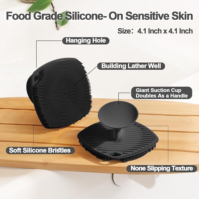 Silicone Body Scrubber with Suction Cup, Gentle Texture Exfoliating Body Scrubber for Men and Women On Sensitive Skin, Build Up Lather, Deep Skin Clean (Body+ Face Scrubber Black)