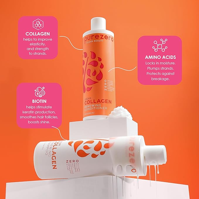 PureZero Vegan Collagen Shampoo & Conditioner Set - Strengthening & Hydrating Clean Beauty Duo for Dry or Damaged Hair – Plant-Based Collagen, Sulfate-Free, Paraben-Free, Cruelty-Free, 2 × 12 oz