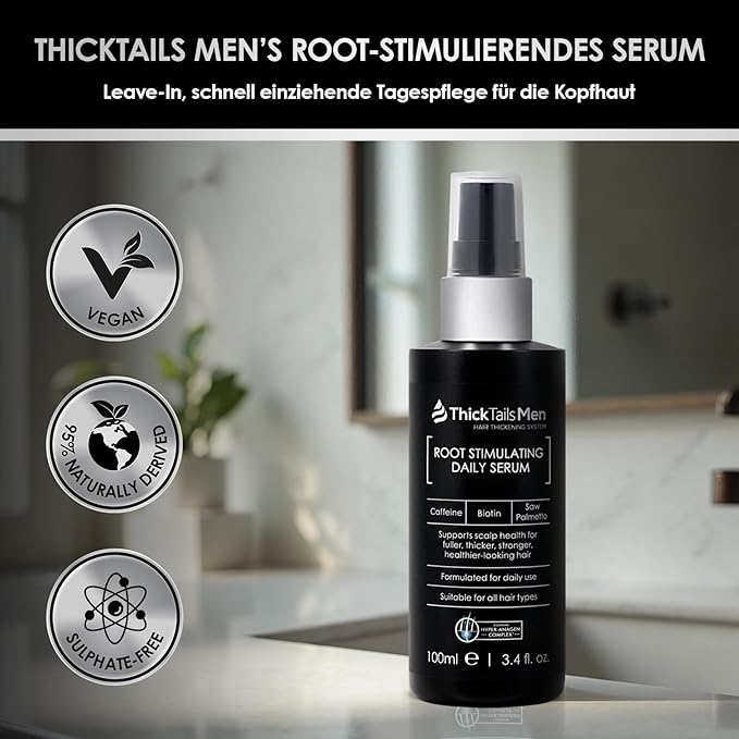 ThickTails Men’s Root Stimulating Leave-In Serum for Thicker, Fuller-Looking Hair – Daily Vegan Hair Strengthener with Biotin, Caffeine & Saw Palmetto – Lightweight, Fast-Absorbing Formula