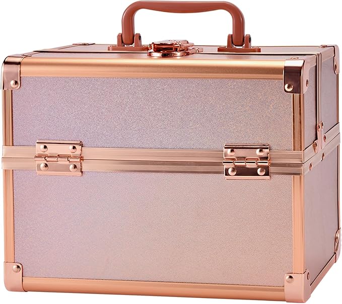 Makeup Train Case, Portable Makeup Case with Mirror, 2-Trays Cosmetic Organizer Case,Nail Polish Organizer, Travel Makeup Box, Profesional for Salon Barber, Rose Gold