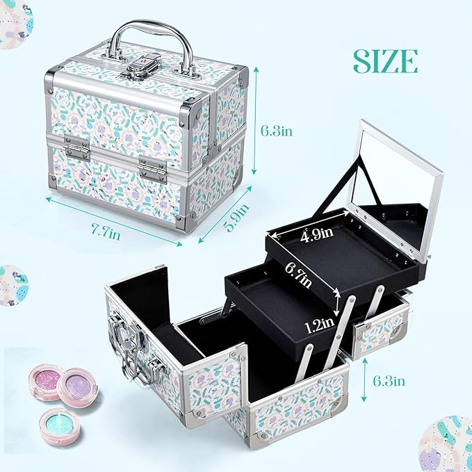 Joligrace Makeup Case for Girls Cosmetic Train Case Makeup Storage Box Jewelry Organizer Hair Accessories Lockable with Trays & Mirror Blue