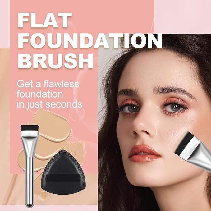 Flat Foundation Brush for Liquid Makeup, with Powder Puff Fast Flawless Flat Top Kabuki Makeup Brushes Face Cosmetics Concealer Brush for Liquid, Blending, Powder, Cream, Blush, Buffing Silver