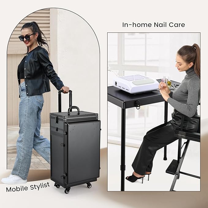 Joligrace Rolling Manicure Table 5 Drawers Makeup Case Foldable Nail Desk Cosmetology Case on Wheels Nail Tech Table with Brush Pouch for Technician Workstation Mobile Makeup Artist Trolley Black