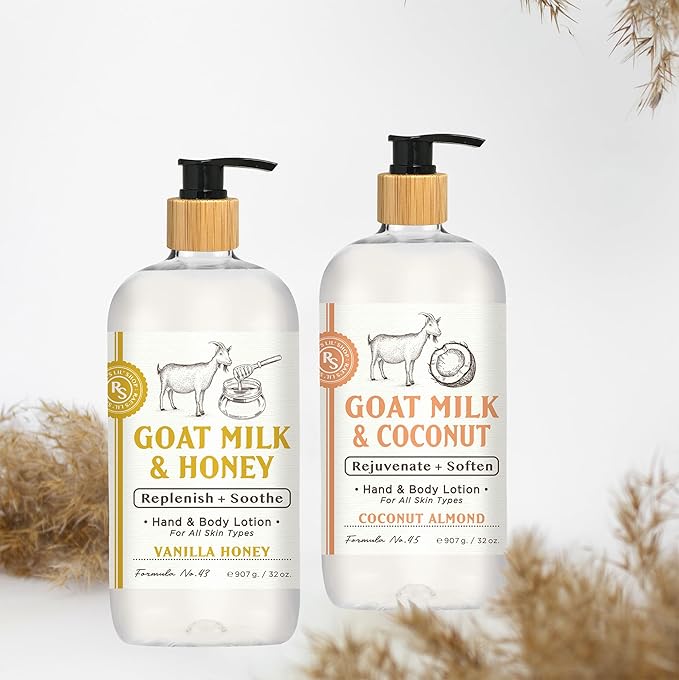 Raes Lil Shop Goats Milk Hand & Body Lotion, Coconut Almond and Vanilla Honey Scents, 32 oz Set of 2 by Home and Body Company