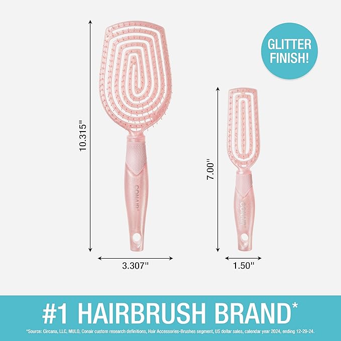 Conair Scalp Care Detangling hairbrush 2pk - Fullsize +Travel Hair Brush - Scalp Massager - hairbrushes for women & men - stocking stuffer - detangler for all lengths and types - Blush Pink