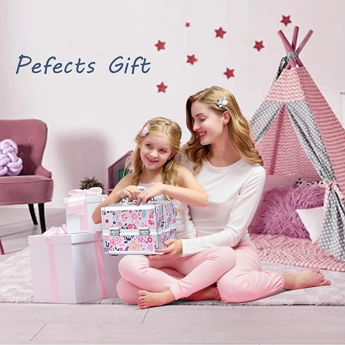 Joligrace Makeup Case for Girls Cosmetic Train Case Makeup Storage Box Jewelry Organizer Hair Accessories Lockable with Trays & Mirror Kids Gift Coloful Pink Unicorn