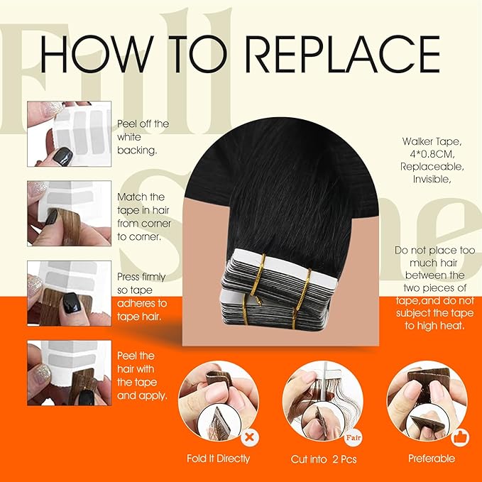 Full Shine Tape ins Human Hair Extensions Off Black Tape in Extensions Double Sided Color 1B Remy Skin Weft Extension Real Human Hair 24Inch Seamless Extension Silky Straight 50g 20Pcs Invisible