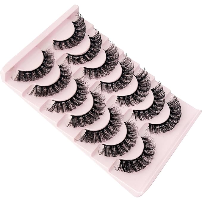 Mink Lash Fluffy Natural Look D Curl Eyelashes that Look Like Extensions Short Thick Lashes 7 Pair Wispy Cat Eye Strip False Volume Lash Pack 8-16mm Full Mega Double Stacked Eyelash Small Fake Lashes