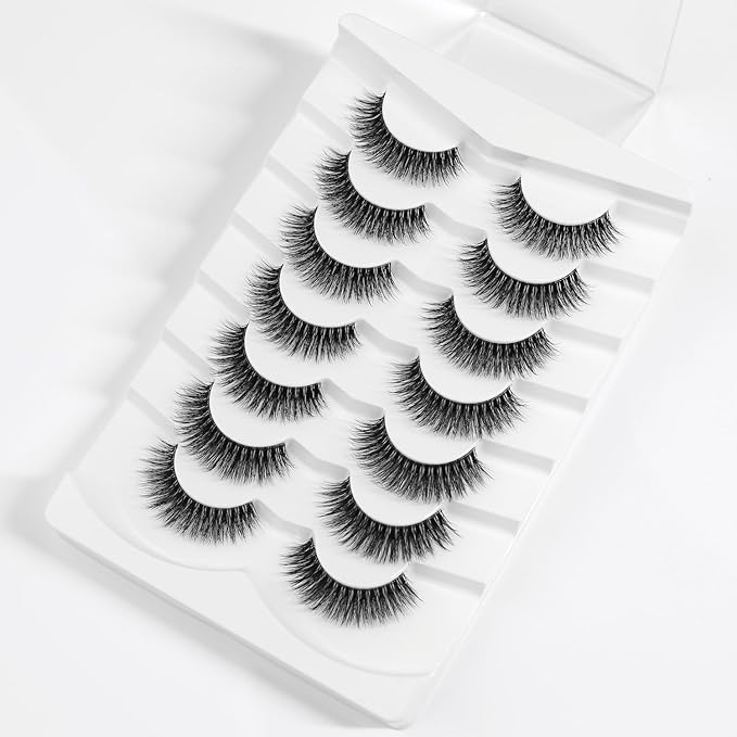 3D Clear Band Lashes 14mm Natural Soft Faux Mink Lashes C/D Curl Cat Eye Wispy Fake Eyelashes Short Cross Reusable False EyeLashes 7 Pairs (No.207)