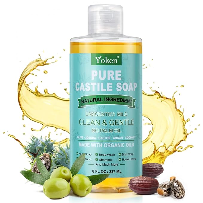 Pure Castile Liquid Soap Organic (EWG Verified, Unscented, 8 OZ), Made with Organic Oils, No Added Fragrance, Vegan, Castile Soap Liquid for Face, Laundry, Dishes, Sensitive Skin, Travel soaps
