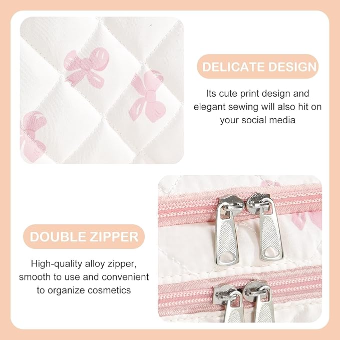 Large Makeup Bag for Women 3PCS Quilted Cotton Make Up Bag Travel Cosmetic Bag Large Makeup Bag Set Cute Bow Makeup Organizer Floral Toiletry Bag Makeup Pouch for Purse, Bow A