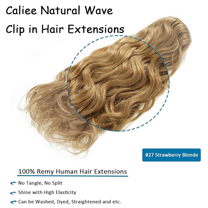 Caliee 20Inch Full Head Curly Clip in Hair Extension Strawberry Blonde Natural Wave Remy Human Hair for Black Women Wavy Curly Hair Extensions Clip Ins Double Weft #27 7Pcs 17Clips 120G/Pack
