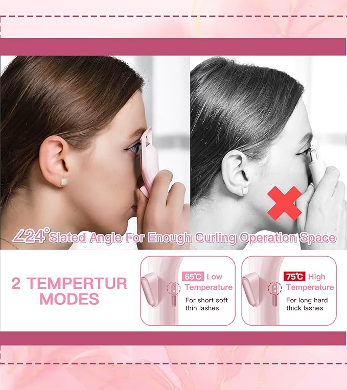 Heated Eyelash Curler, 8s Fast Heat Up, Dual Temperature Modes 149°F /167°F, Rechargeable 600mAh Battery, 24h Long Lasting, 1.5 Inch Wide Safe Silicone Pad Compact Travel Lash Curler Pink
