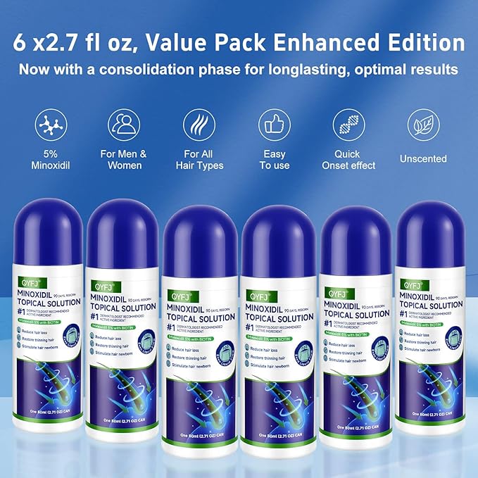 5% minoxidil hair growth Serum for women & men with biotin - with sponge applicator for thinning hair & receding hairline 8-month supply-6pcs Packs 2.71 fl oz per bottle