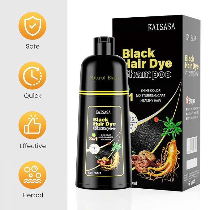 Black Hair Dye Shampoo 3 in 1, Hair Color Shampoo for Women and Men, Hair Dye to Cover Gray Hair, Herbal Ingredient Shampoos for Grey Hair Coverage 500ml (Black)