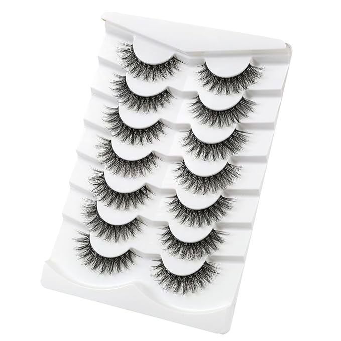 3D Clear Band Lashes 14mm Natural Soft Faux Mink Lashes C/D Curl Cat Eye Wispy Fake Eyelashes Short Cross Reusable False EyeLashes 7 Pairs (No.203)
