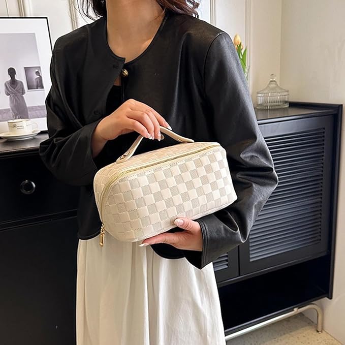 Large Capacity Checkered Makeup Bags Portable Travel Cosmetic Bags Open-Flat Toiletry Waterproof Bag for Women Make up Organizer with Divider and Handle Pouch Zipper Bag (A-White)