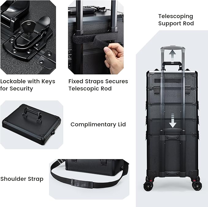 FRENESSA Rolling Makeup Case Makeup Train Case with Lid 5 in 1 Cosmetology Case on Wheels Large Makeup Organizers Salon Cart Barber Trolley Nail Teach Makeup Artist Trunk Cart Black