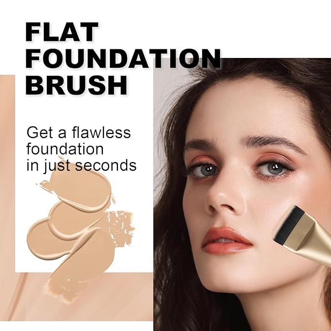 Flat Foundation Brush for Liquid Makeup,14CM Premium Fast Flawless Flat Top Kabuki Makeup Brushes Face Cosmetics Concealer Brush for Liquid, Blending, Powder, Cream, Powder, Blush, Buffing Gold